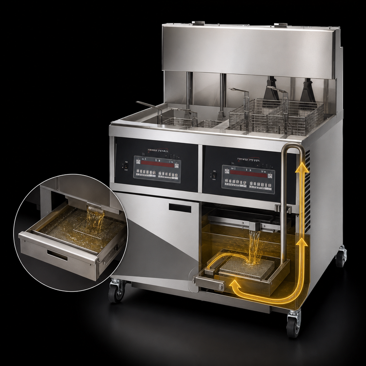 Product image #4 for Henny Penny OEA 342 2-Well Electric Large Capacity Auto-Lift Open Fryer with Built-In Filtration