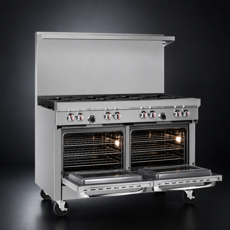 Product image #4 for 48-Inch Gas Restaurant Range with 8 Open Burners and 2 Space Saver Ovens