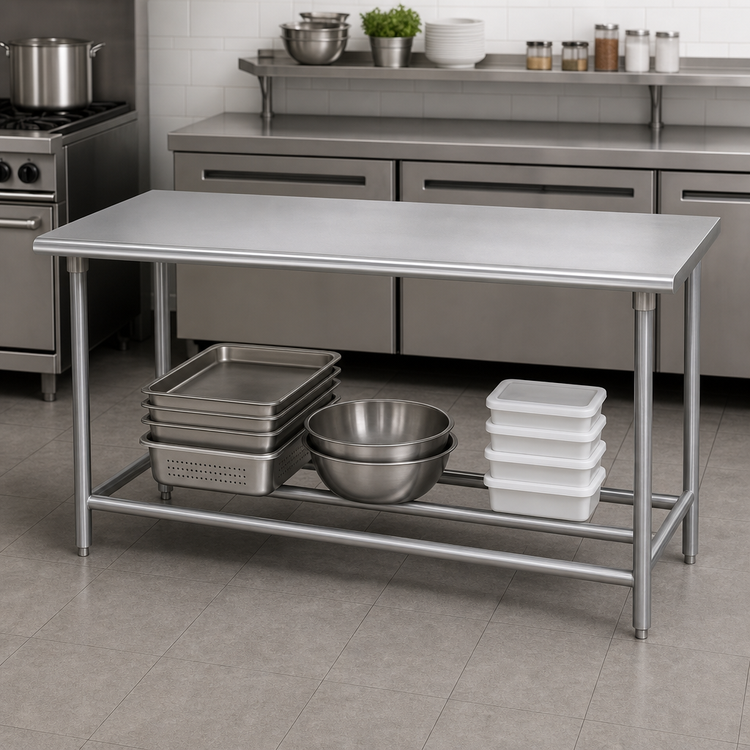 Product image #4 for Advance Tabco TSAG-369 Stainless Steel Work Table, 108"W x 36"D, Flat Top Open Base, 16-Gauge 430 Top