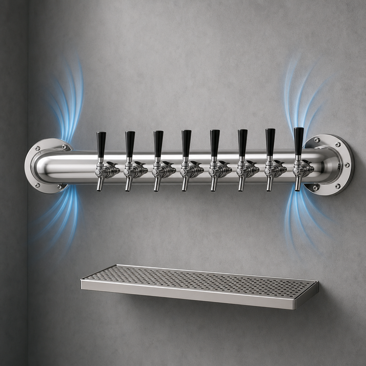 Product image #4 for Glastender 8-Faucet Air-Cooled Wall-Mount Pipe Wall Draft Dispensing Tower with Mirror Finish and Drain Pan