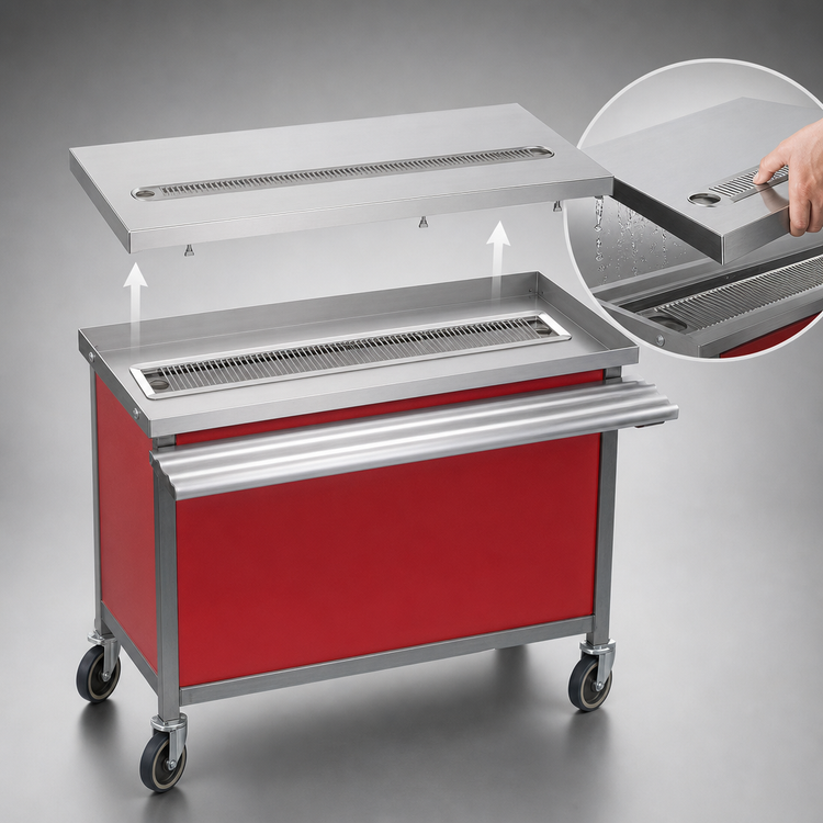 Product image #4 for Director's Choice Mobile 304 Stainless Steel Beverage Counter with Full-Length Drip Trough, 50 Inch x 30 Inch