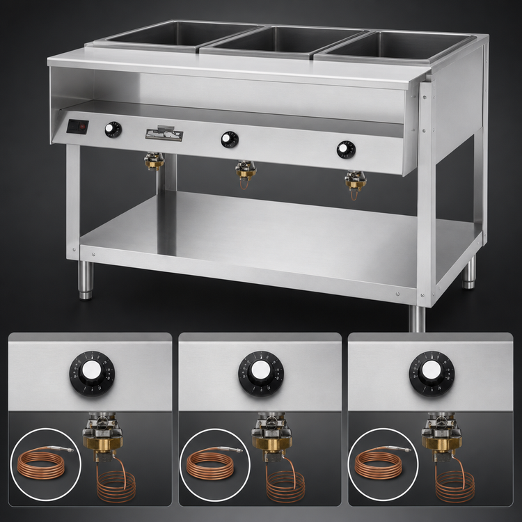 Product image #4 for ServeWell® 3-Well Stainless Steel Hot Food Table with Open Shelf Base, 46 x 32 x 34-Inch, 208-240V