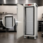Thumbnail image #4 for Metro C5 C569-SFS-LPFC Full-Height Pass-Thru Heated Holding Cabinet, 35 Full-Size Pan Capacity, Solid Front/Glass Rear Door, Mobile