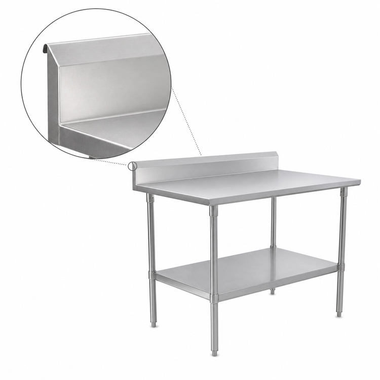 Product image #4 for John Boos Stallion 108" x 30" 16-Gauge 300-Series Stainless Steel Top Work Table with 5" Backsplash and Adjustable Undershelf