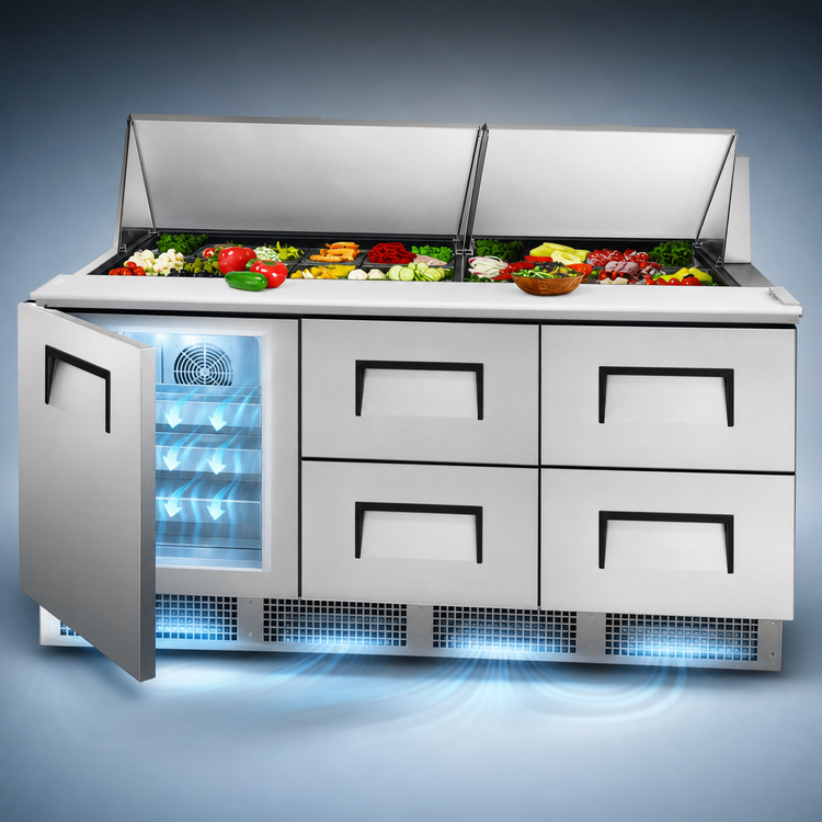Product image #4 for True 72-Inch 3-Section Refrigerated Sandwich/Salad Prep Table with 1 Door, 4 Drawers and 30-Pan Top