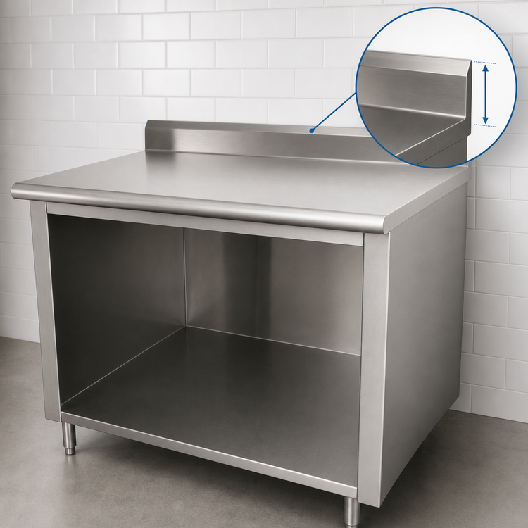 Product image #4 for Advance Tabco EK-SS-368 96-Inch x 36-Inch Work Table with Open Front Cabinet Base, 5-Inch Backsplash, and 14-Gauge 304 Stainless Steel Top