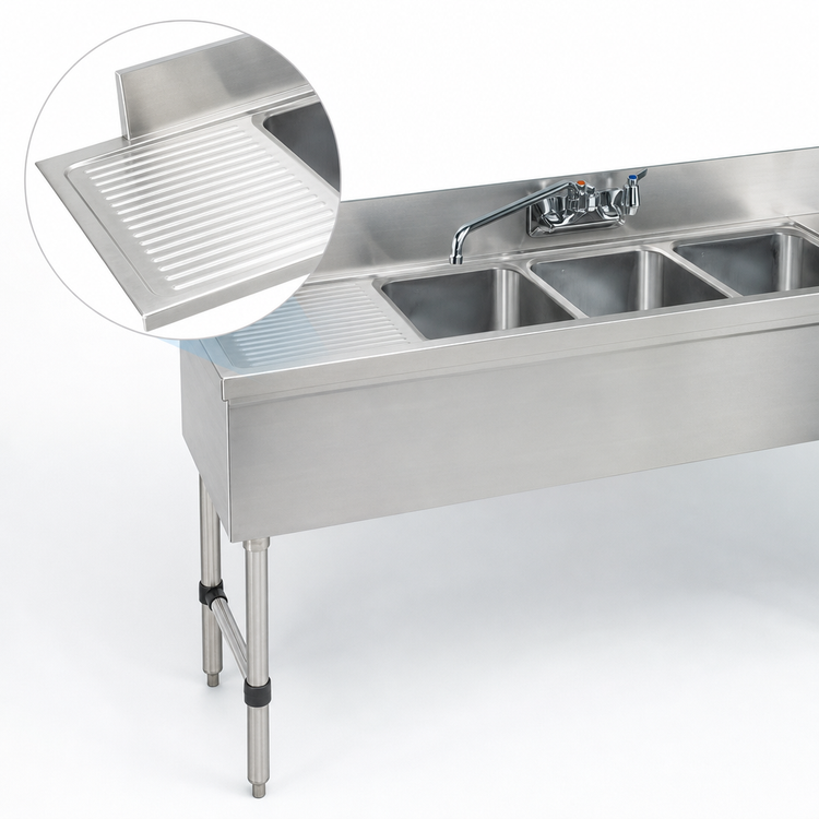 Product image #4 for Advance Tabco Special Value Series 3-Compartment Stainless Steel Bar Sink with Left Drainboard and Splash-Mount Faucet, 48 x 18 Inches