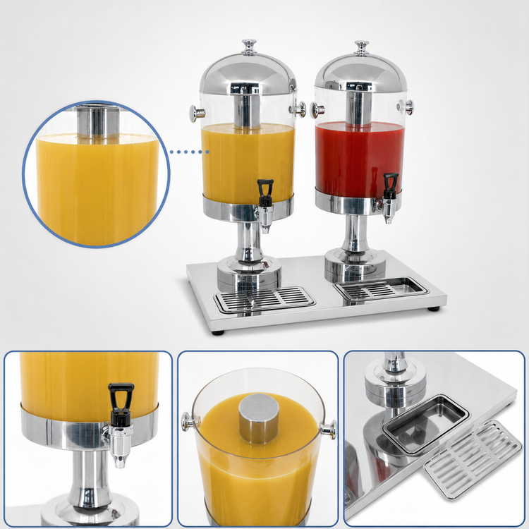 Product image #4 for Double Juice Dispenser with 2 x 8-Quart Round Tanks, Built-In Taps and Drip Trays