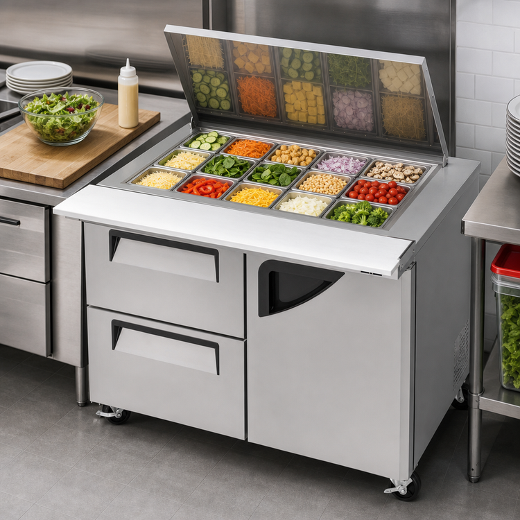Product image #4 for Turbo Air Super Deluxe 48-1/4-Inch Wide 2-Section Mega Top Sandwich/Salad Prep Table with Flat Lid, 1 Door, 2 Drawers