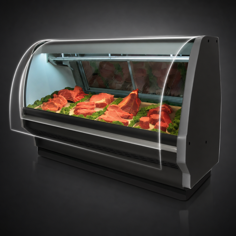 Product image #4 for Howard-McCray 40E Series 99.5-Inch Self-Contained Red Meat Curved Glass Refrigerated Service Case, Black Exterior/White Interior, LED