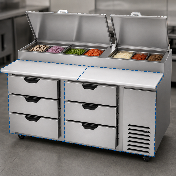Product image #4 for Beverage-Air DPD72HC-6 Two-Section Deli/Pizza Prep Table Refrigerator with 6 Drawers, 72-Inch Wide