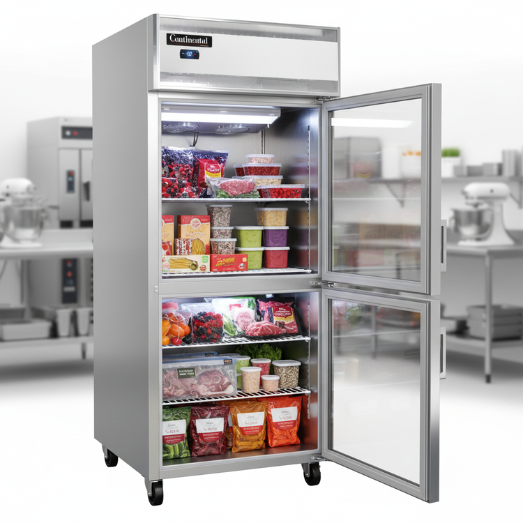 Product image #3 for Continental Refrigerator 1FXSNSAGDHD One-Section Extra-Wide Shallow Depth Display Reach-In Freezer with Half Hinged Glass Doors