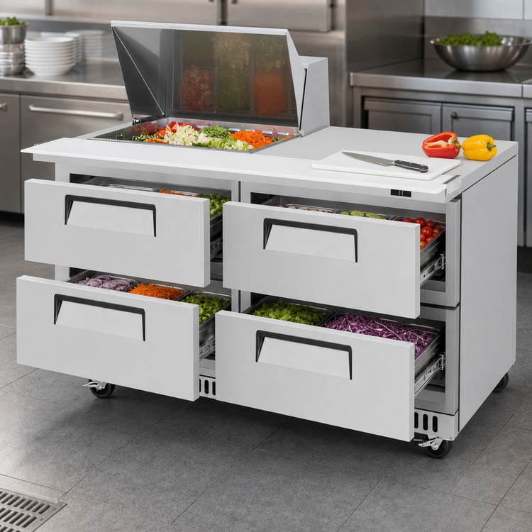 Product image #5 for Turbo Air Super Deluxe Two-Section Refrigerated Prep Table Workstation with 4 Drawers and 12-Pan Capacity