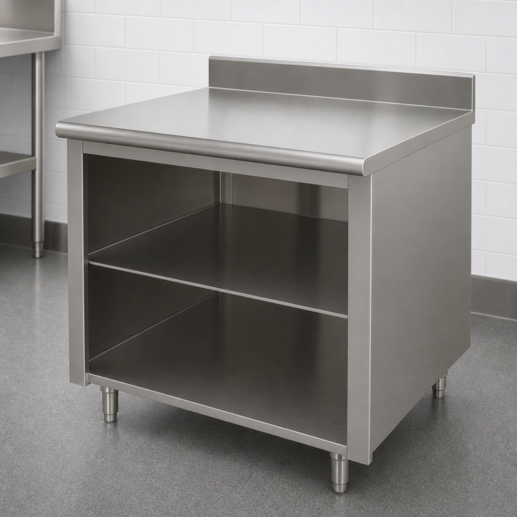 Product image #4 for Advance Tabco 60 Inch x 30 Inch 14 Gauge 304 Stainless Steel Work Table with Open Front Cabinet Base, Mid-Shelf, and 5 Inch Backsplash