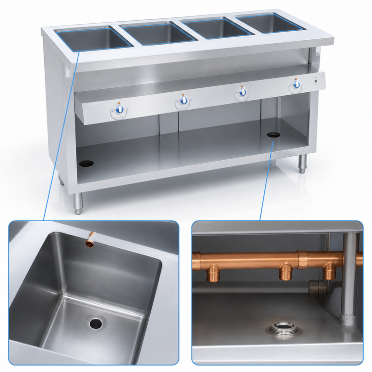 Product image #4 for Thurmaduke E-3-DLPG Electric 3-Well Full-Size Sealed Well Steamtable Unit with Open Storage Base