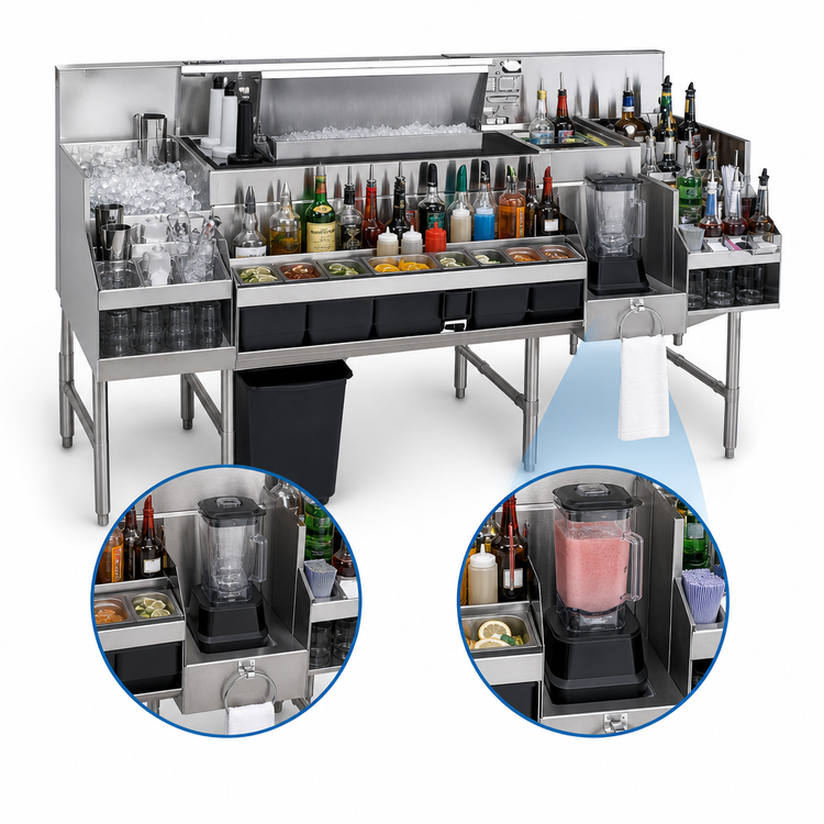 Product image #4 for Glastender All-In-One Underbar Ice Bin/Cocktail Station with Blender Shelf, Sink, and Speed Rail, 60 Inch, 125 lb Ice Capacity