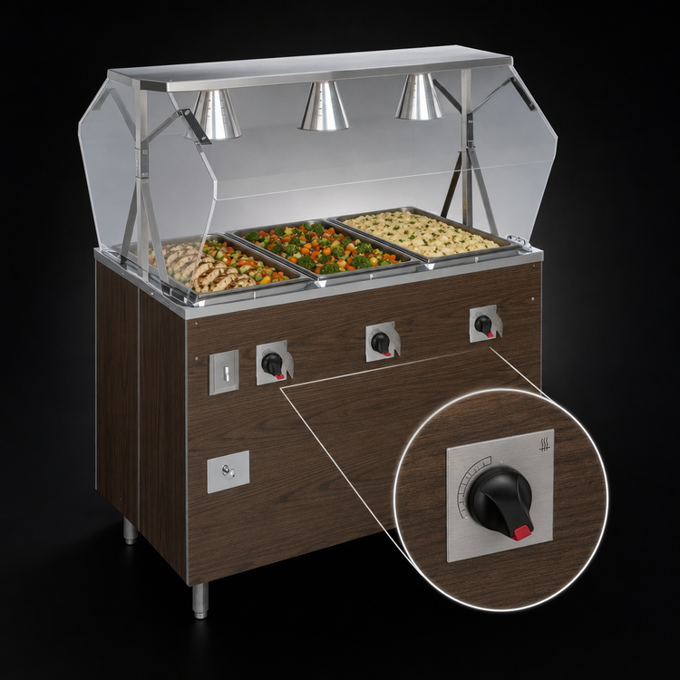 Product image #4 for Vollrath 2-Series Affordable Portable 3-Well Hot Food Station Deluxe with Buffet Breath Guard and Lights, Walnut Woodgrain
