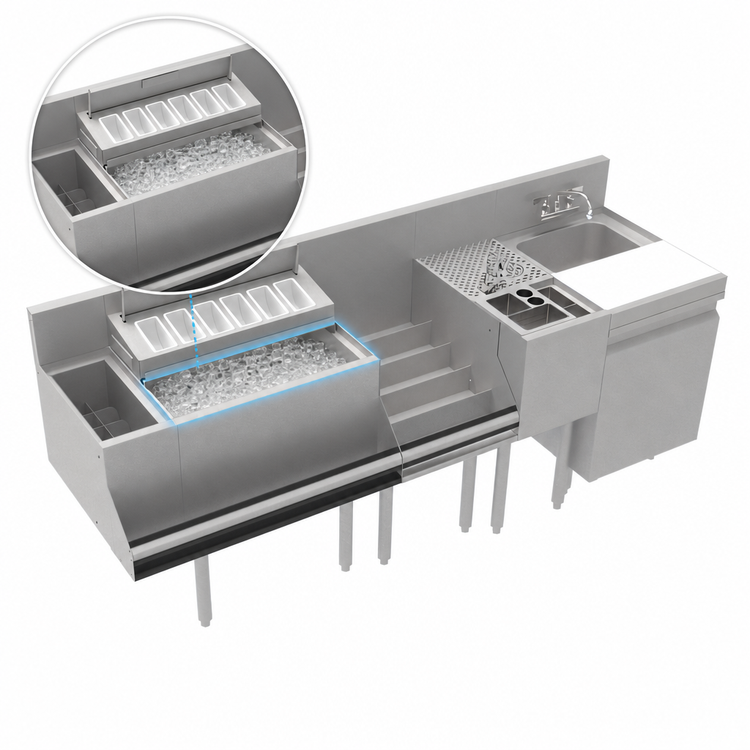 Product image #4 for Krowne Royal Series 78-Inch Stainless Steel Underbar Workstation with 24-Inch Ice Bin, 8-Inch Elixir Well, and Dump Sink