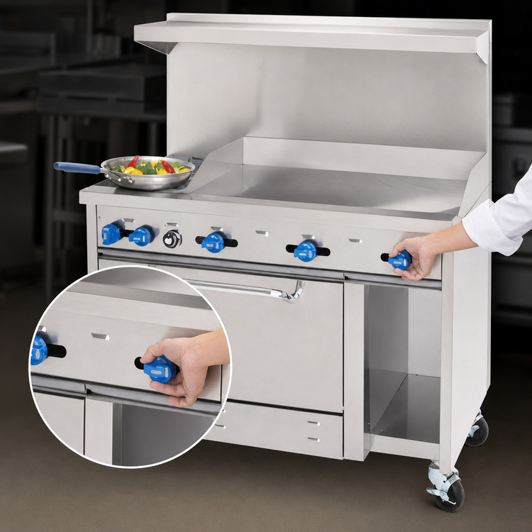 Product image #4 for Comstock-Castle 48-Inch Gas Range with 3/4-Inch Griddle, Standard Oven, Cabinet Base, and Back Riser High Shelf