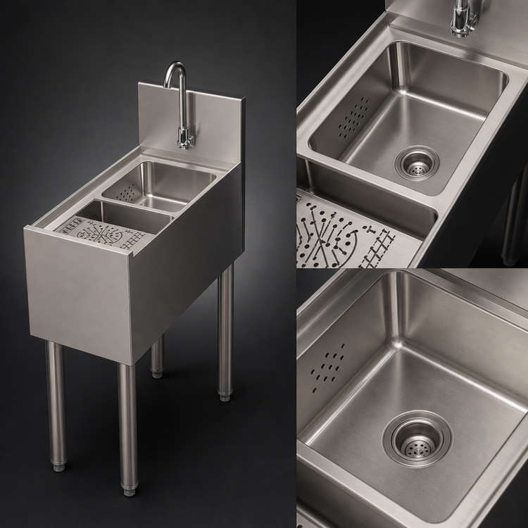 Product image #4 for Perlick Tobin Ellis Signature 12-Inch Freestanding Single-Bowl Underbar Utility Sink with Glass Rinser and 6-Inch Backsplash