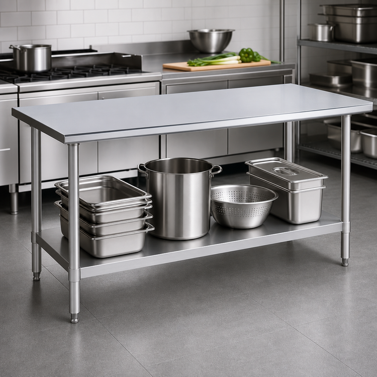 Product image #4 for Duke Stainless Steel Work Table with Undershelf and Posts, 108 x 30 x 36 Inches, Flat Top Without Backsplash