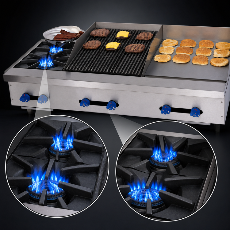 Product image #4 for Comstock-Castle 48-Inch Countertop Gas Hotplate, Griddle and Char-Broiler Combination with 2 Open Burners