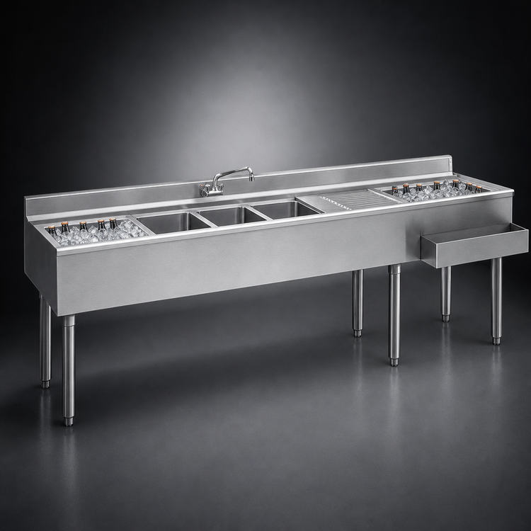 Product image #4 for Eagle Group 2200 Series 10-Foot Underbar Combination Unit with 3 Sink Bowls, Dual Ice Bins, and Drainboards