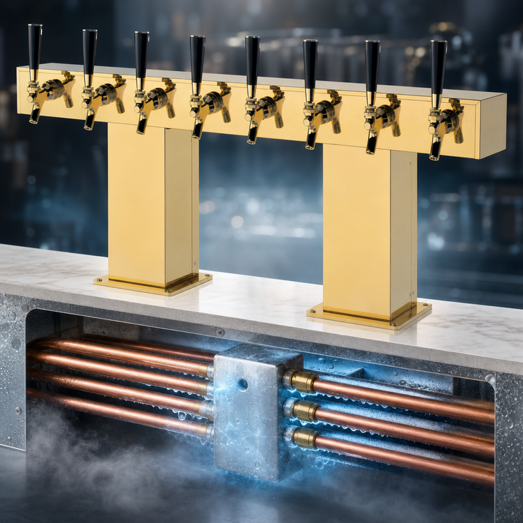 Product image #4 for Perlick 4006-30BTF2 Bridge Tee Draft Beer Tower, Countertop, Glycol-Cooled, Extra High, 30 Faucets, Tarnish-Free Brass Finish
