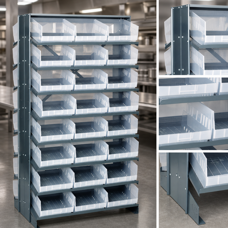Product image #4 for Quantum Sloped Double-Sided Pick Rack with 16 Shelves and 48 Clear Bins