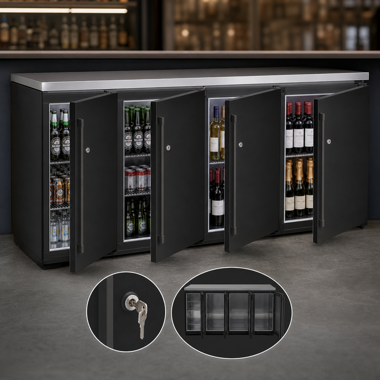 Product image #5 for Perlick BBRLP96 Low-Height 4-Door Remote Back Bar Refrigerator, 96-Inch Wide, Black Exterior, Stainless Steel Top