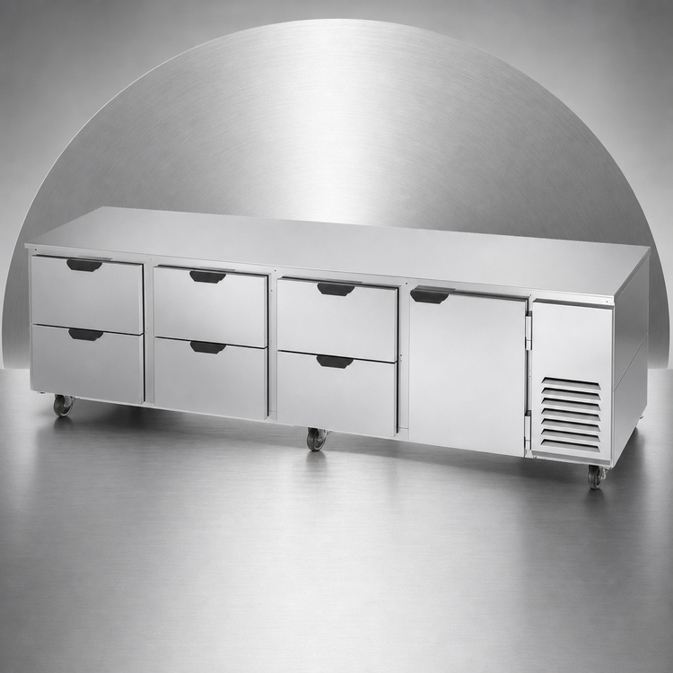 Product image #4 for Beverage-Air Four-Section 119-Inch Undercounter Door/Drawer Refrigerator with 6 Drawers and 1 Solid Door, Side-Mounted Self-Contained