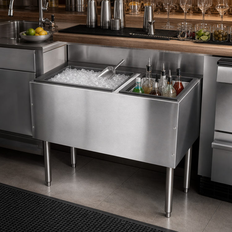 Product image #4 for CHOICE 42-Inch Underbar Combo Ice Bin/Cocktail Unit with 10-Circuit Cold Plate and Right-Side Bottle Well Storage