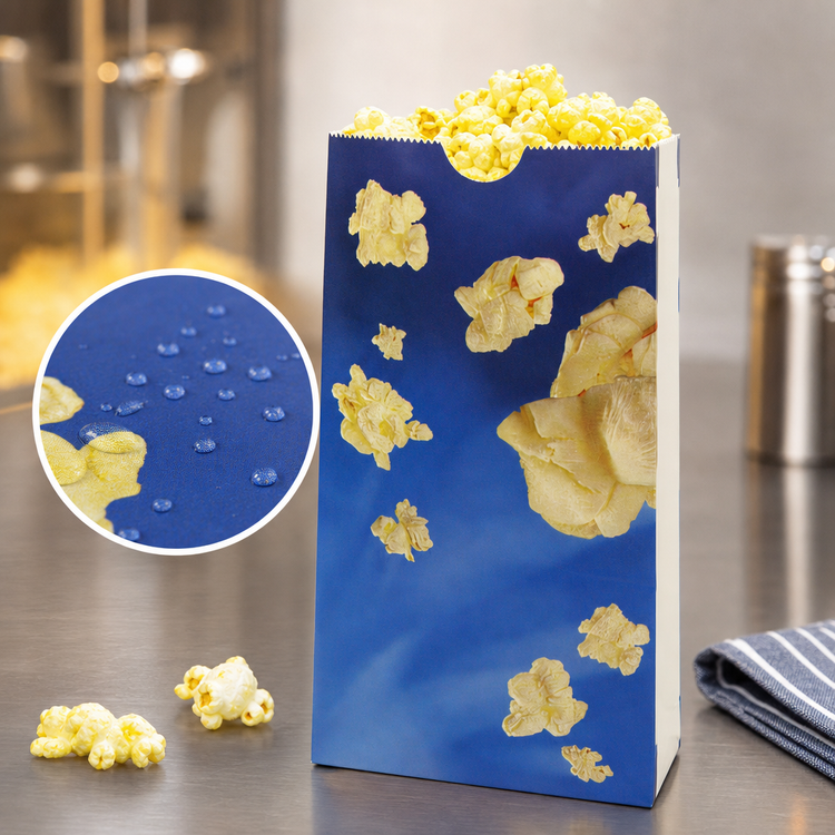 Product image #4 for Benchmark 85 oz Blue Coated Flat-Bottom Popcorn Butter Bags