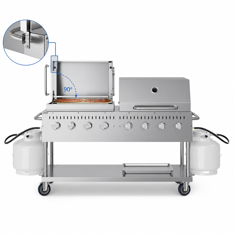 Product image #4 for KoolMore Commercial Mobile Outdoor Propane Charbroiler Grill with 8 Burners, 30-Inch Roll Dome Cover, and Pizza Oven