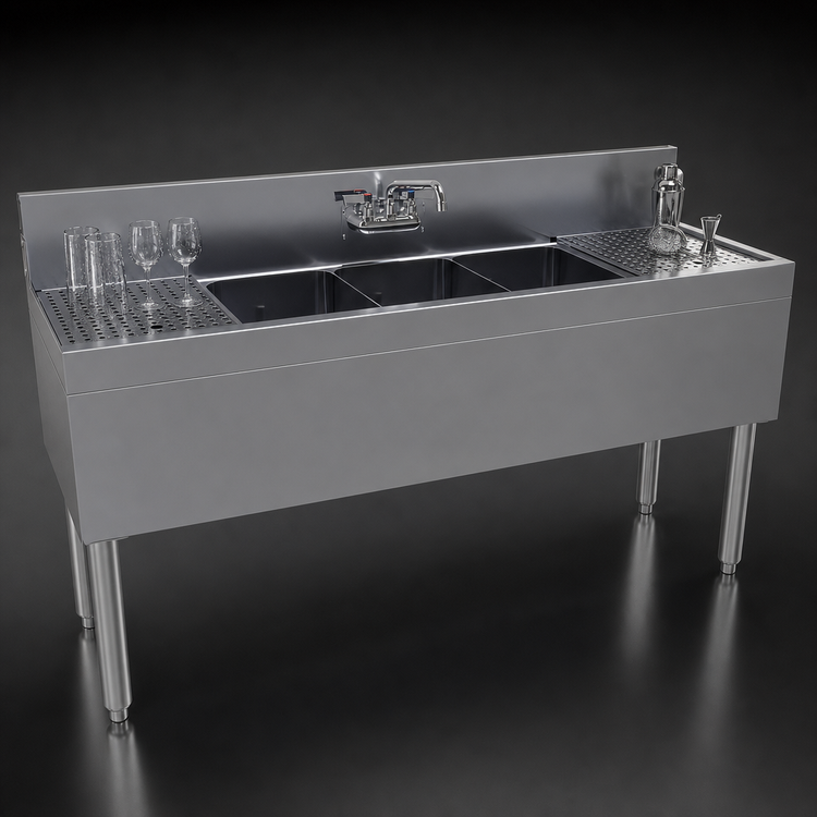 Product image #4 for Glastender Three-Compartment Underbar Sink Unit with Dual Drainboards, 60" W x 24" D, Stainless Steel