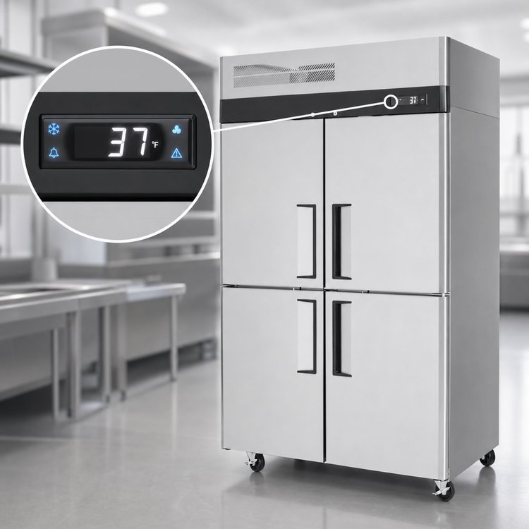 Product image #4 for Turbo Air M3 42.1 Cu. Ft. Two-Section Reach-In Refrigerator with 4 Half-Hinged Solid Doors, Top Mount Self-Contained