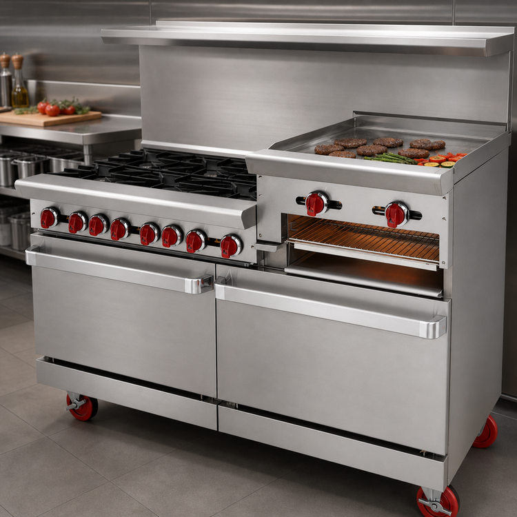 Product image #4 for American Range 72-Inch Gas Restaurant Range with 6 Open Burners, 36-Inch Raised Griddle/Broiler, and 2 Standard Ovens