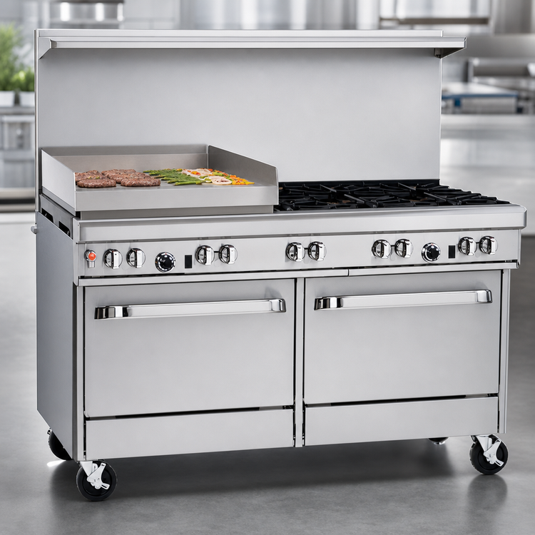 Product image #4 for 60-Inch Commercial Gas Restaurant Range with 6 Burners, 24-Inch Griddle/Broiler, Standard Oven and Cabinet Base