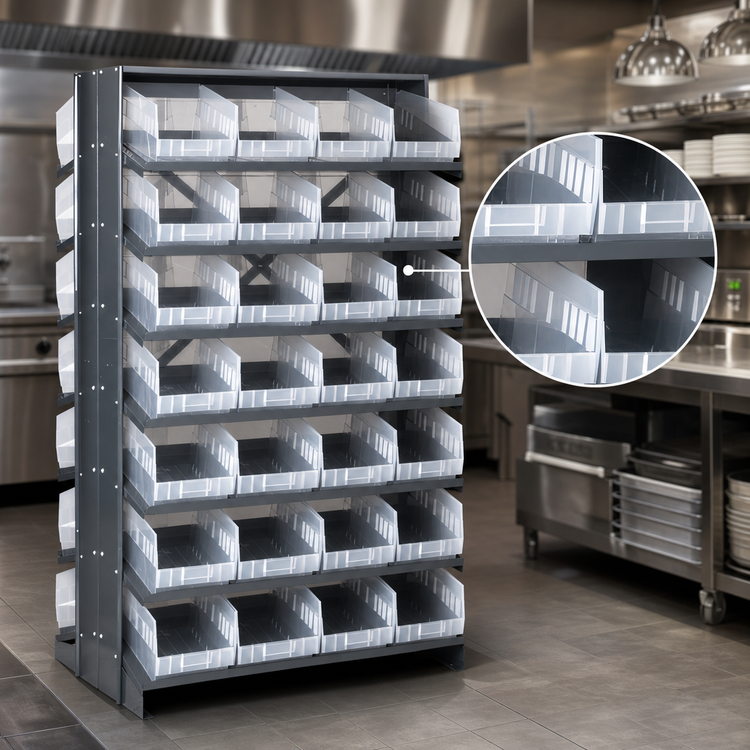 Product image #4 for Quantum 36 x 36 x 63-1/2 Inch Double-Sided Sloped Pick Rack with 64 Clear Bins