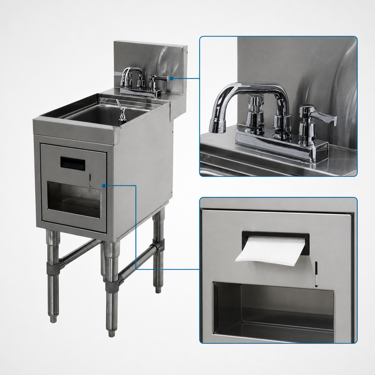 Product image #4 for Advance Tabco Prestige Supreme Underbar Hand Sink with Soap and Towel Dispensers, Deck Mount Faucet, 12 x 25 Inch