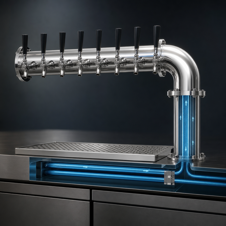 Product image #4 for Glastender PC-8-MFR 8-Faucet Countertop Pipe Cantilever Draft Dispensing Tower, Glycol-Cooled, Mirror Finish