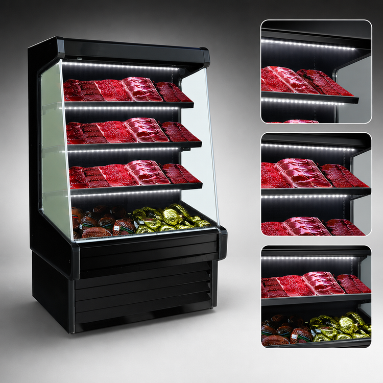 Product image #4 for Howard-McCray Ovation Series 39-Inch Wide, 72-Inch High Remote Meat Open Merchandiser with 3 LED Lighted Shelves, Black