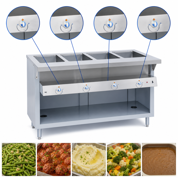Product image #4 for Thurmaduke E-5-DLPG Electric 5-Well Full-Size Steamtable Unit with Open Storage Base