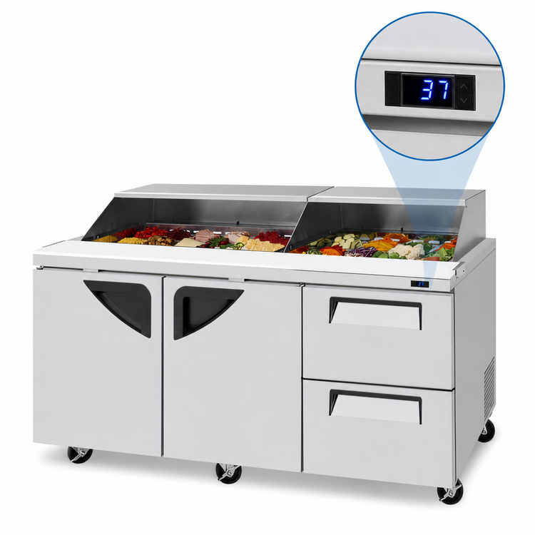 Product image #4 for Turbo Air Super Deluxe Three-Section Sandwich/Salad Prep Table with Slide-Back Lid, 72-5/8-Inch, 2 Doors and 2 Drawers, 23 Cu. Ft.