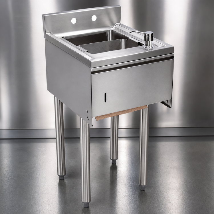 Product image #4 for BK Resources 15-Inch Single-Compartment Underbar Dump Sink with Splash-Mount Faucet, Soap & Towel Dispenser