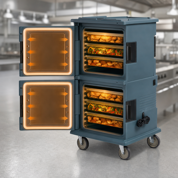 Product image #5 for Cambro Ultra Camcart H-Series Heated Front-Loading 2-Compartment Food Pan Carrier, Both Doors Heated, 110V, Granite Gray