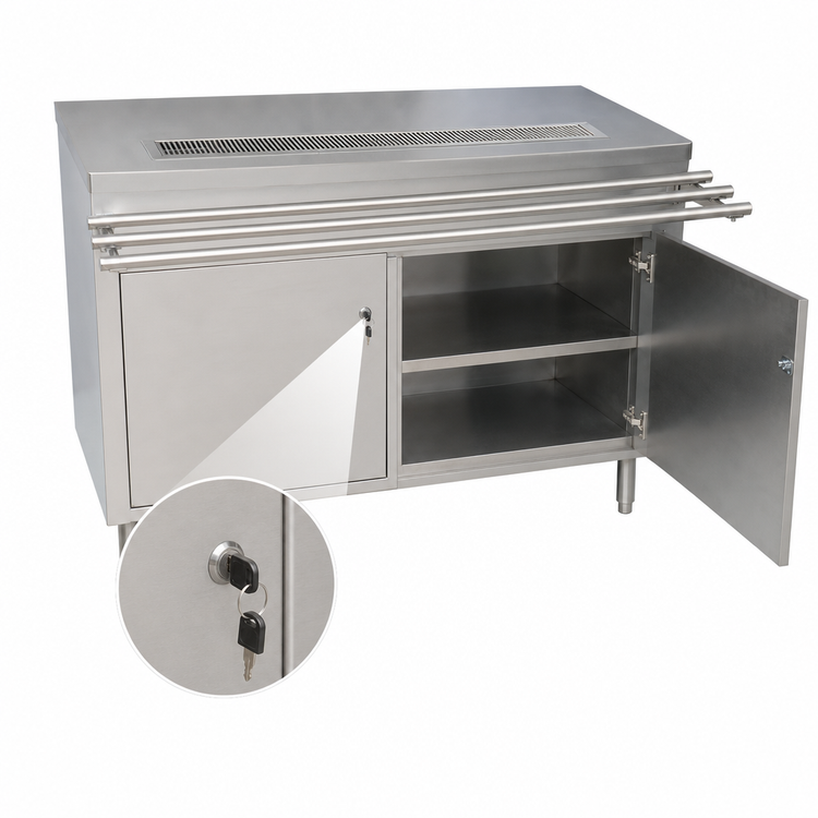 Product image #4 for BK Resources Stainless Steel Cashier-Serve Counter with Door-Side Urn Trough, Hinged Doors and Lock, 72 Inch x 30 Inch