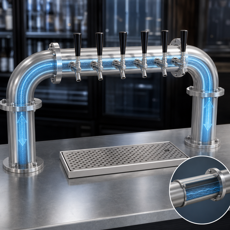 Product image #4 for Glycol-Cooled Stainless Steel Countertop Pipe Pass-Thru Draft Dispensing Tower, 6 Faucets, 2 Columns