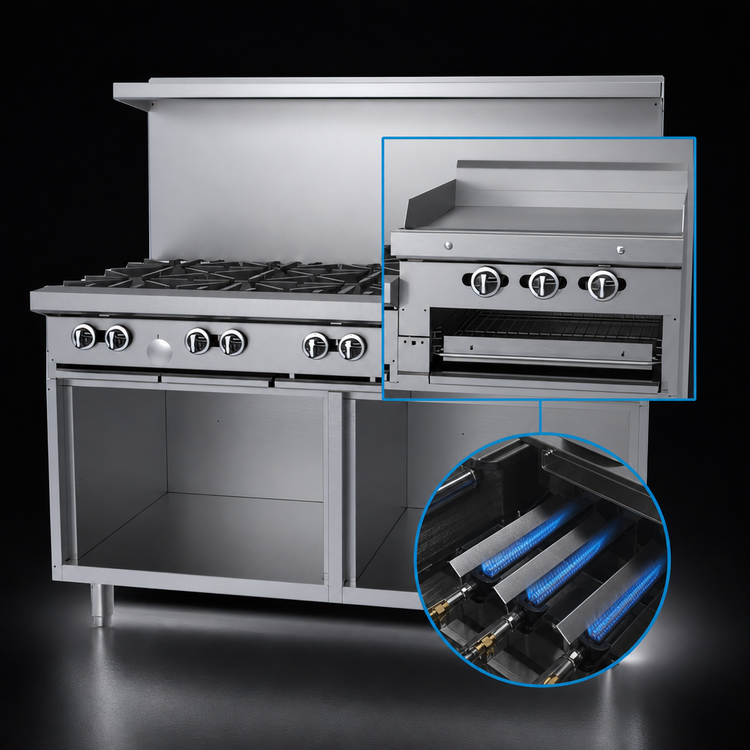 Product image #4 for Garland G Starfire Pro 60-Inch Commercial Raised Griddle/Broiler Gas Range with 6 Open Burners and Double Storage Base
