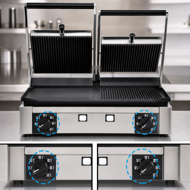 Product image #4 for Trento Commercial Countertop Double Panini Grill with Ribbed Top and 1/2 Smooth 1/2 Ribbed Bottom, 10 x 19 Inch Surface, 220V